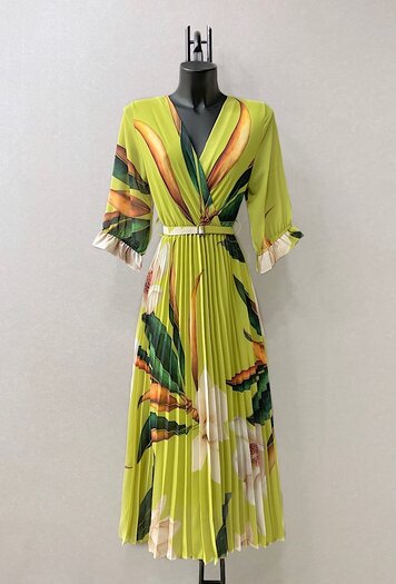 Sierlijke Lime Groene Mix Maxi Plisse Jurk Sibelle Fashion