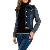Trendy jeans jacket met lange grijze mouwen.model 1_