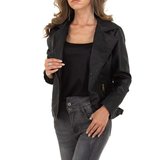 Korte zwarte leatherlook jacket met pels._