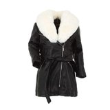 Zwarte leatherlook jas voor meisjes met witte pels._