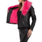 Fashion zwarte leatherlook jacket met roze pels._