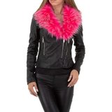 Fashion zwarte leatherlook jacket met roze pels._