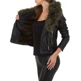 Fashion zwarte leatherlook jacket met groene pels._