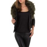 Fashion zwarte leatherlook jacket met groene pels._