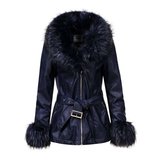 Stylishe donker blauwe winterjas in leather look._