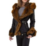 Korte zwarte/bruine leatherlook jas._