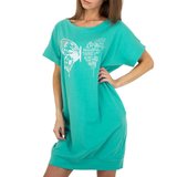 Hippe turqouise T-shirt jurk met vlinder._