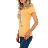 Trendy oranje T-shirt met fashion motief._
