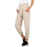 Trendy beige mom-fit jeans._