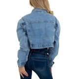 Korte jeans vest met bruin accent._