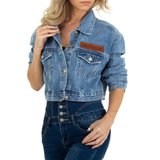 Korte jeans vest met bruin accent._