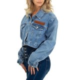 Korte jeans vest met bruin accent._