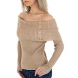 Taupe pullover shoulders off._