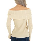 Beige pullover shoulders off._