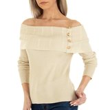 Beige pullover shoulders off._