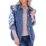 Trendy blauwe jeans vest met witte versiering._