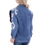 Trendy blauwe jeans vest met witte versiering._