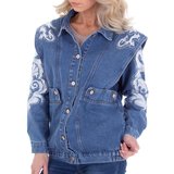 Trendy blauwe jeans vest met witte versiering._