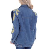 Trendy blauwe jeans vest met gele versiering._