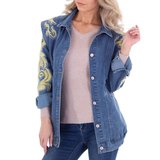 Trendy blauwe jeans vest met gele versiering._