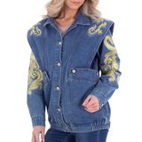 Trendy blauwe jeans vest met gele versiering._