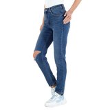 Donker blauwe jeans met destroyed look._