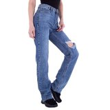 Trendy blauwe straight leg jeans destroyed._