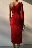 Elegante rode one shoulder midi jurk._