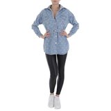 Korte blauwe jeans jacket met print._