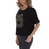 Zwarte T-shirt met tijgerprint._