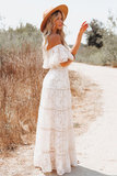 Witte shoulder off maxi jurk in kant_
