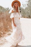Witte shoulder off maxi jurk in kant_