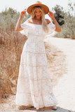 Witte shoulder off maxi jurk in kant_