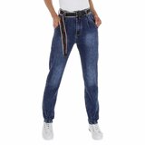 Trendy donker blauwe loose fit jeans met detroyed look+riem._