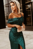 Groene one shoulder 3/4 sequins jurk._