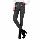 Grijze stretch broek met leatherlook effect._