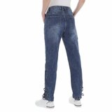 Hoge taille blue jeans met vetersluiting._