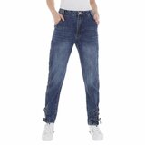 Hoge taille blue jeans met vetersluiting._