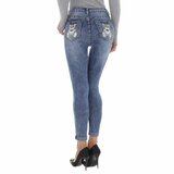 Skinny blue jeans broek met beer deco._