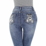 Skinny blue jeans broek met beer deco._