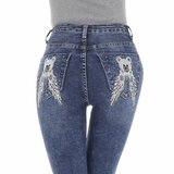 Skinny blue jeans broek met beer deco met wings._