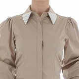 Kaki bruine blouse met hemdkraag en parels._