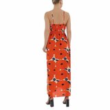 Zomerse oranje-blauwe maxi bloemen jurk._