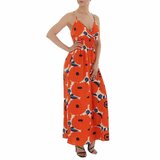 Zomerse oranje-blauwe maxi bloemen jurk._