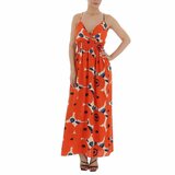 Zomerse oranje-blauwe maxi bloemen jurk._