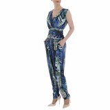 Trendy blauwe v-uitgesneden armloze jumpsuit met deco._