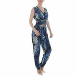 Trendy blauwe v-uitgesneden armloze jumpsuit met deco._