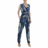 Trendy blauwe v-uitgesneden armloze jumpsuit met deco._