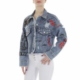 Fashion blauwe vest in jeans met decoratie en opschrift_