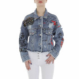 Fashion blauwe vest in jeans met decoratie en opschrift_